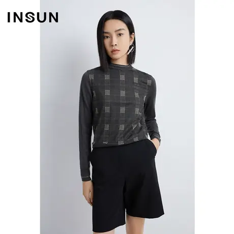 INSUN恩裳秋季内搭格纹提花长袖毛针织衫商品大图