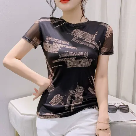 欧货网纱印花T恤女短袖2024夏季新款流行上衣修身显瘦洋气小衫ins图片