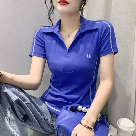 POLO领T恤女短袖夏季2024新款纯色百搭气质上衣显瘦修身半袖小衫商品大图