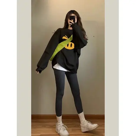 秋冬无帽卫衣女款2023新款爆款设计感小众印花圆领外套慵懒风上衣商品大图