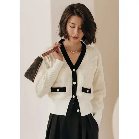 弥古v领长袖小香风针织衫上衣女高级感秋季外穿收腰白色毛衣开衫商品大图