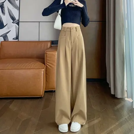 卡其色毛呢阔腿裤女秋冬高腰垂感宽松显瘦羊绒休闲拖地直筒西装裤商品大图
