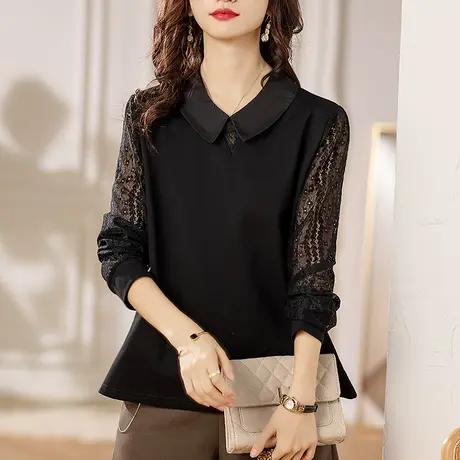 春秋打底衫女宽松加大码女装中老年妈妈遮肚长袖T恤女士蕾丝上衣商品大图
