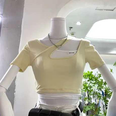 短袖t恤女2021夏季新款韩版ins潮不规则设计感露肩假两件短款上衣图片