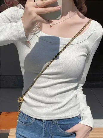 灰色紧身低领T恤加厚磨毛打底衫女秋冬薄绒长袖内搭正肩短款上衣商品大图