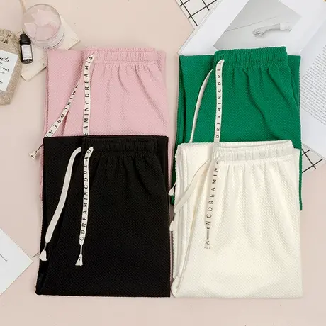 白色泡芙格阔腿裤女2023年新款春夏季百搭抽绳遮胯垂感拖地休闲裤图片