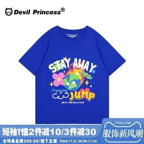 美式街头风克莱因蓝短袖t恤女夏oversize大版宽松无性别穿搭ins潮商品大图