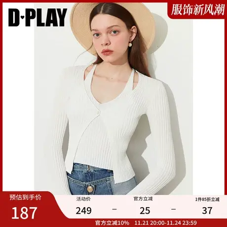 DPLAY秋新设计感假两件式时尚白挂脖短款v领修身针织衫上衣图片