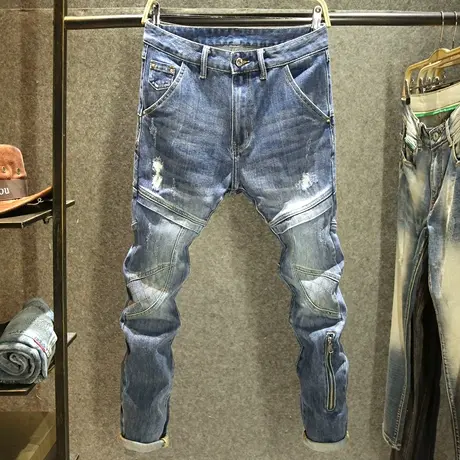 2024春秋拼接拉链牛仔裤男美式高街机车裤子潮牌破洞显瘦显高长裤商品大图