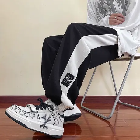 灯芯绒裤男士春秋季2023美式拼接运动裤青少年宽松束脚休闲长裤商品大图