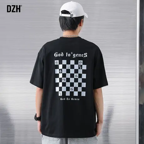 男士黑色棋盘格短袖t恤男潮牌超火宽松纯棉情侣衣服夏季半袖体恤图片