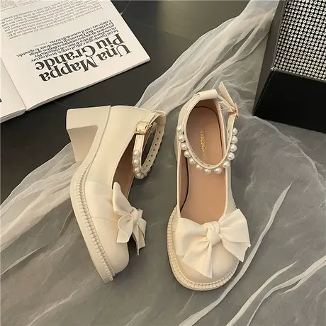 蝴蝶结温柔粗跟珍珠玛丽珍皮鞋女2024春季新款黑色复古时尚高跟鞋图片