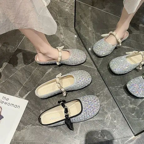 2024新款半拖链条水钻包头软底凉拖平底方头外穿网红半托夏季女鞋图片