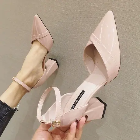 包头凉鞋女粗跟2024年新款百搭软皮不磨脚职业一字扣带法式高跟鞋商品大图