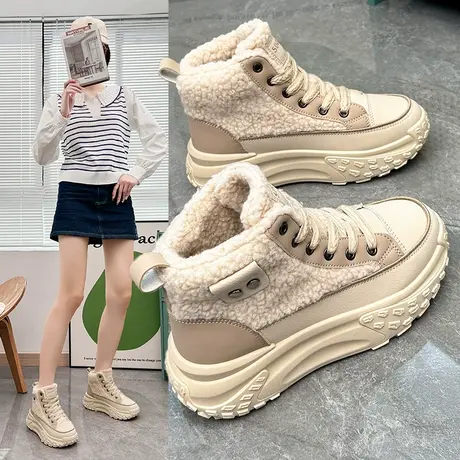 高帮鞋保暖老爹鞋女2023年冬季新款厚底加绒休闲运动女鞋毛毛棉鞋商品大图