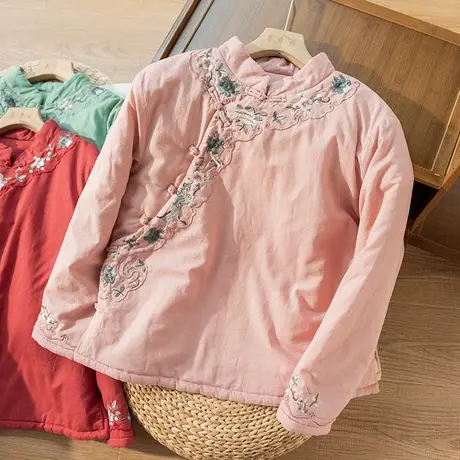 文艺复古夹棉外套棉服宽松刺绣斜襟中式棉袄国风唐装2022秋冬新款商品大图