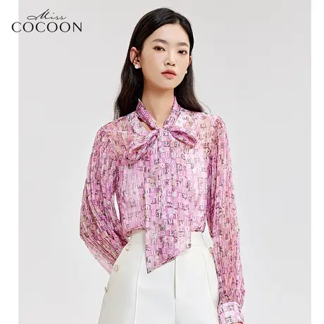 如花在野|miss cocoon印花衬衫女2023新款春洋气设计感蝴蝶结上衣商品大图