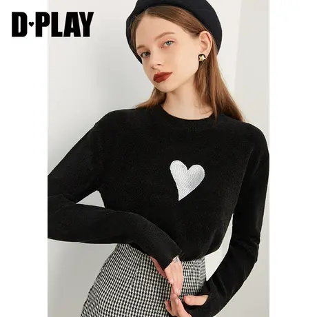 DPLAY秋装新重工银线刺绣爱心柔软蓬松仿貂毛套头毛衣针织衫商品大图