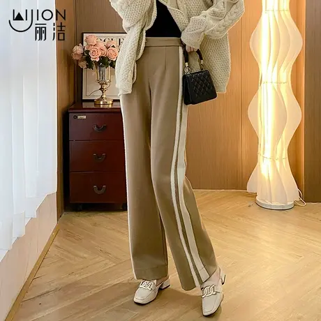 美拉德毛呢裤女秋冬2023新款高腰垂感休闲阔腿裤小个子侧边直筒裤商品大图
