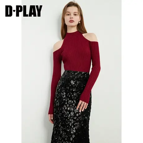 DPLAY春节日氛围感心机镂空露肩复古红半高领修身针织打底衫图片