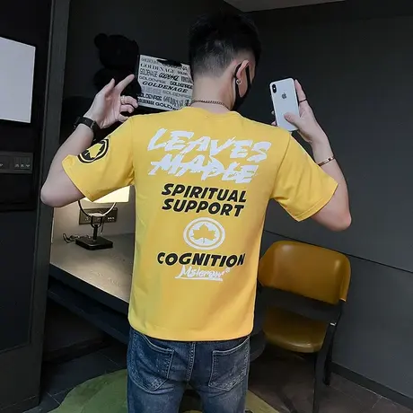 夏季男士t恤男装短袖半袖修身字母印花潮流圆领休闲学生ins体恤商品大图