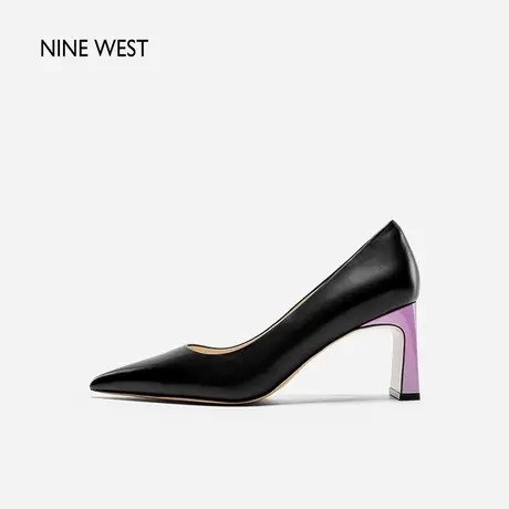Nine West/玖熙骨牌跟气质拼接高跟鞋2024春季新款百搭胎牛皮单鞋图片