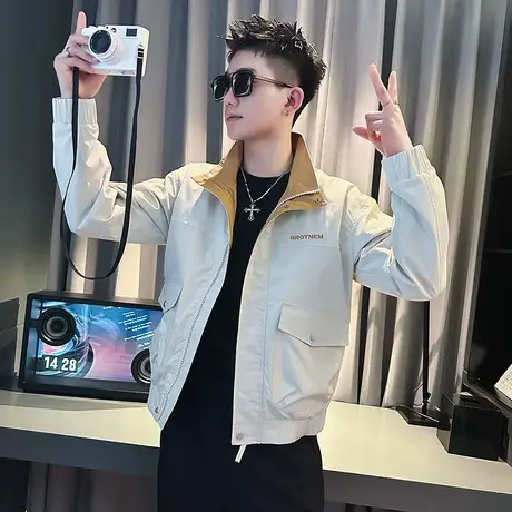 春季潮牌外套立领刺绣男装上衣2023新款褂子ins痞帅撞色百搭夹克商品大图