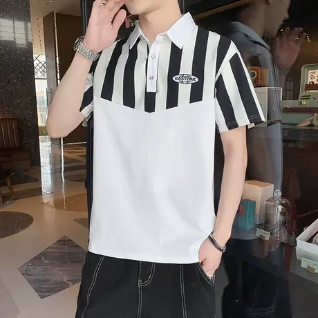拼接撞色条纹2023夏季新款翻领POLO衫男潮流青少年学生短袖T恤衫商品大图