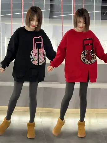 加绒加厚冬季国风刺绣盘扣保暖时尚百搭休闲宽松圆领打底卫衣上衣商品大图