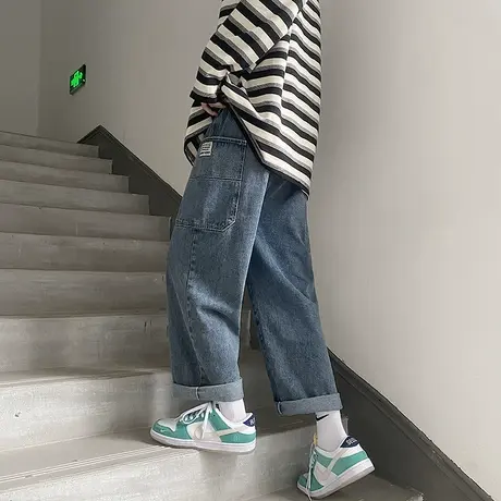潮流直筒宽松休闲牛仔裤男春秋季港风日系cityboy运动阔腿长裤子商品大图