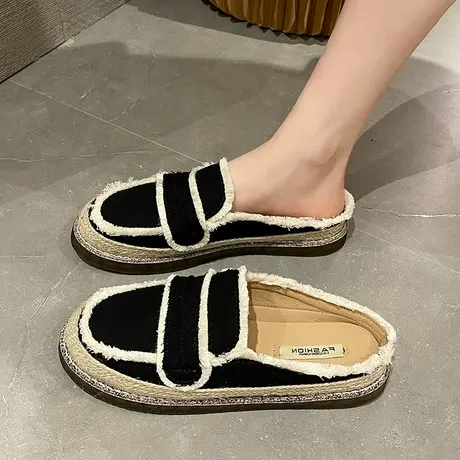 帆布半拖鞋女夏外穿2024年新款编织渔夫鞋平底网红豹纹凉拖懒人鞋商品大图