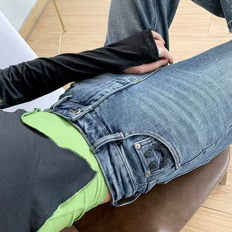 直筒牛仔裤女2024春秋新款薄款高腰宽松显瘦刺绣笑脸阔腿拖地裤子商品大图