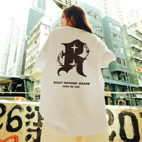 Nuthink加肥加大短袖2023新款男r字母t恤宽松潮流半截袖夏季半袖商品大图