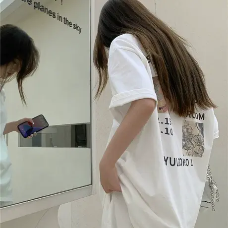 2024夏装新款港风小众设计后背印花短袖T恤女宽松中长款半袖上衣商品大图
