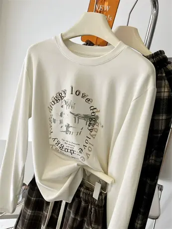 白色字母涂鸦卡通印花长袖t恤女春秋洋气圆领宽松显瘦休闲打底衫商品大图