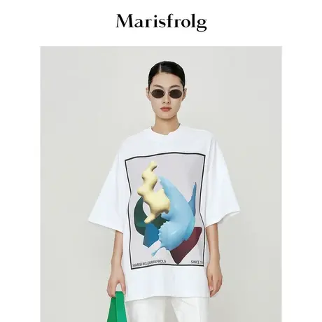 【都市通勤】玛丝菲尔2023年夏季新款白色圆领童趣印花短袖T恤女图片