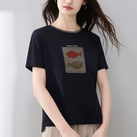 纯棉t恤女夏装短袖2024年新款精致设计感圆领上衣重工烫钻体恤衫商品大图