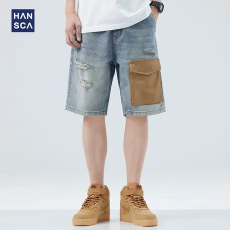 hansca工装大口袋牛仔短裤男夏季宽松直筒休闲大码撞色破洞五分裤商品大图