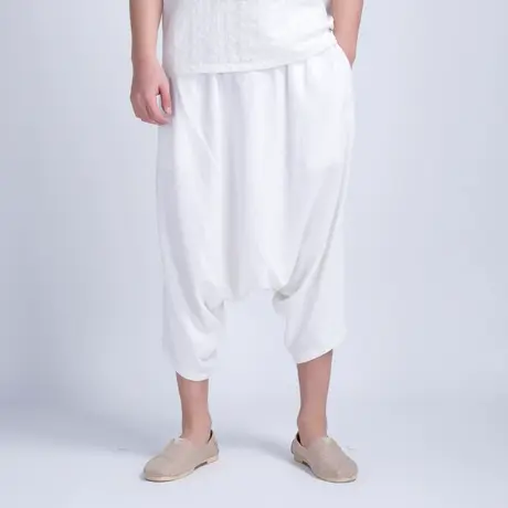 亚麻七分裤男宽松加肥加大码阔腿裤哈伦吊裆裤复古中国风夏天裤子商品大图