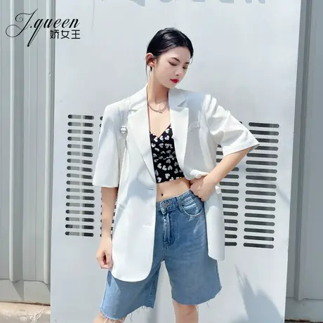 白色短袖西装外套女夏季薄款时尚高级感宽松廓形休闲炸街小西服图片