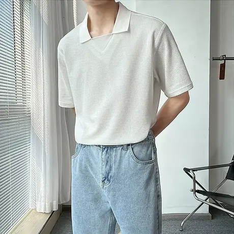 网红一字领T恤男ins春夏素色短袖polo衫华夫格宽松落肩袖半袖TEE图片