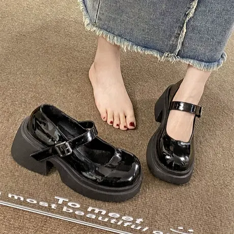 法式玛丽珍鞋女春秋2024新款白色厚底粗跟单鞋增高高跟英伦小皮鞋商品大图