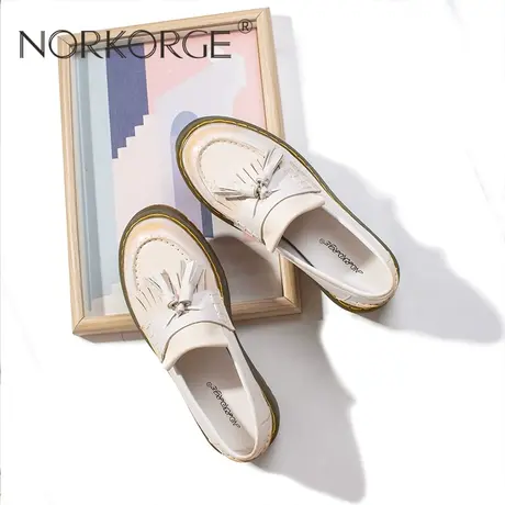 文艺米黄色流苏乐福鞋商品大图