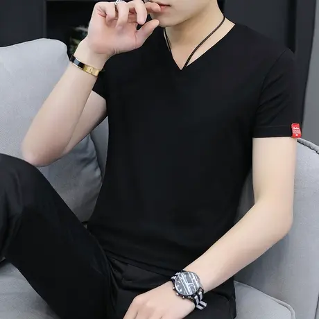 男士t恤棉感v领简约百搭短袖打底衫鸡心领韩版修身半袖黑色丅上衣商品大图