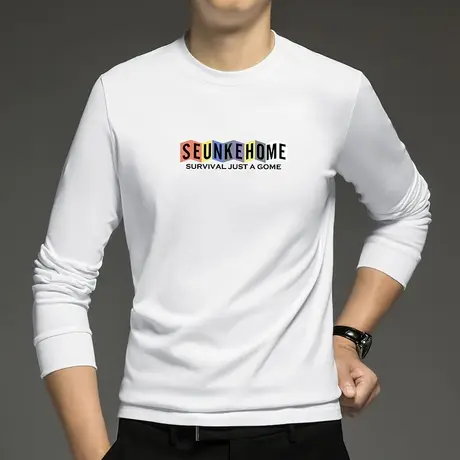 重磅纯棉t恤男长袖秋冬季加绒加厚内搭白色打底衫摇粒绒全棉秋衣商品大图