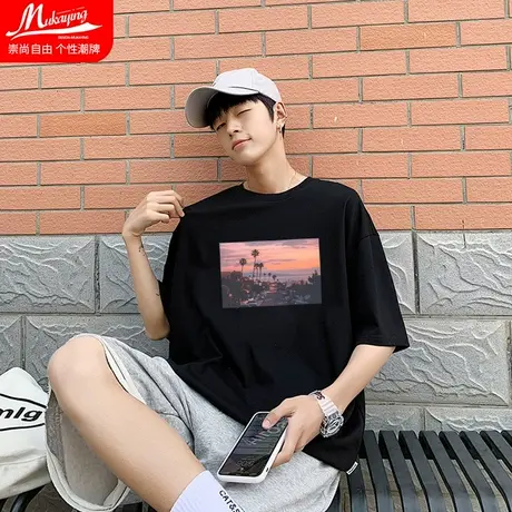 插画印花港风潮流ins夏季短袖t恤男纯棉圆领小众设计男装宽松半袖图片