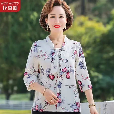 中年妇女雪纺衫女装夏装衣服2023新款七分袖上衣妈妈衬衫系带小衫商品大图