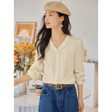 时尚气质长袖衬衫2023年秋新款淑女温柔甜美V领显瘦通勤百搭上衣商品大图