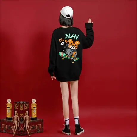 Ohlyah圆领女士卫衣春秋卡通老虎印花套头上衣秋冬潮牌无帽外套商品大图