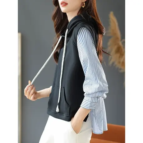 宝诗黎连帽拼接竖条纹假两件卫衣2023春秋季新款长袖棉质时尚女装商品大图